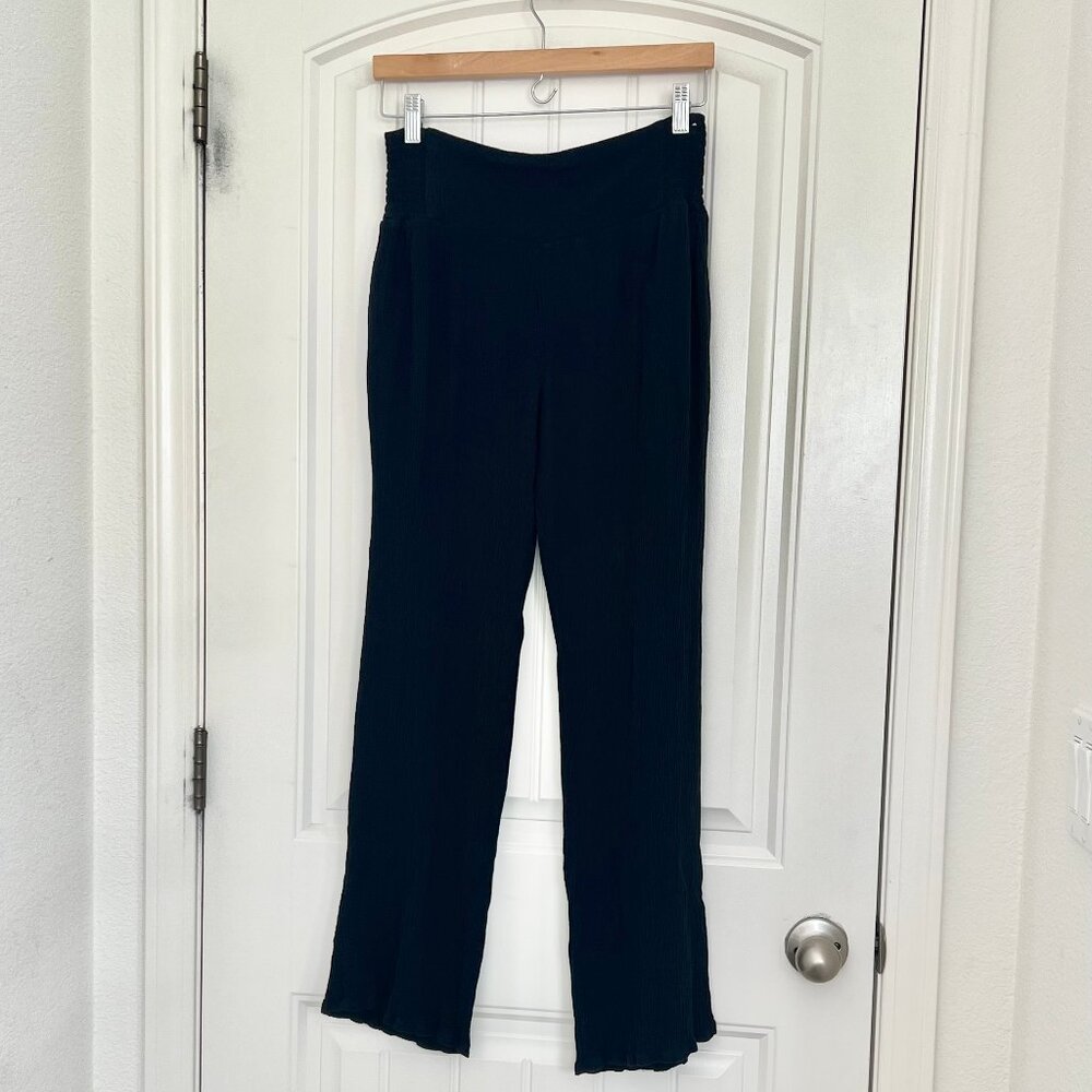 Three Dots Black Smocked Waist Wide Leg Gauze Beach Pant with Pockets Sz Medium - Picture 3 of 9